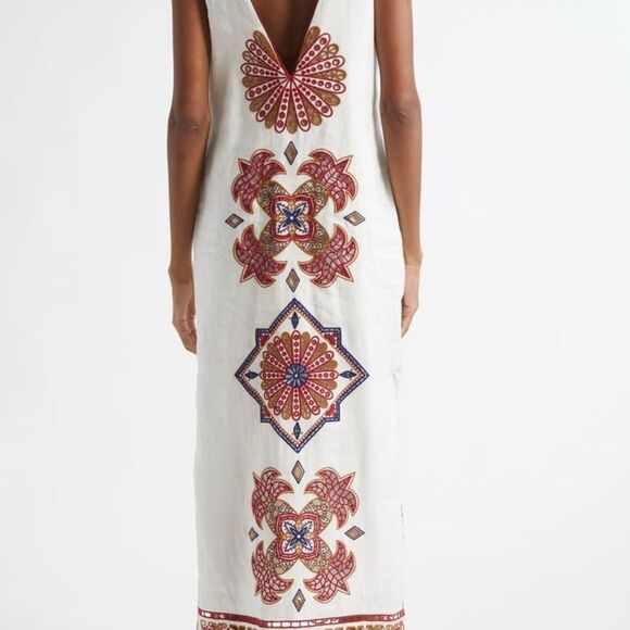 FARM Rio Mary's Tiles Embroidered Detail Linen White Midi Dress Size Small - Picture 3 of 14